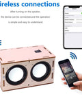 DIY Bluetooth Speaker Box Kit With Laser Cut Wood Case Build Your Own Portable Sound System No Soldering Required Includes Dual Channel Bluetooth Amplifier And 2 Inch Subwoofers For Science, STEM Learning For Kids, Teens And Adults showing wireless connection with smartphone