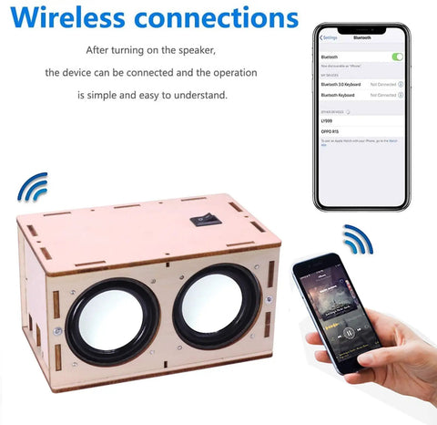 DIY Bluetooth Speaker Box Kit With Laser Cut Wood Case Build Your Own Portable Sound System No Soldering Required Includes Dual Channel Bluetooth Amplifier And 2 Inch Subwoofers For Science, STEM Learning For Kids, Teens And Adults showing wireless connection with smartphone