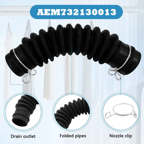 Washer Drain Hose Assembly For LG And Kenmore Washers With Thick Tub To Pump Connector And Stainless Steel Clamps AEM73213001