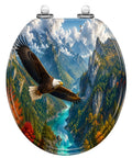 Round Majestic Bald Eagle Soaring Scenic Mountain Valley Toilet Seat with vibrant eagle and scenic landscape design.