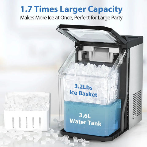 Countertop Nugget Ice Maker 55 Lbs Per Day With 3.6L Water Tank And 3.2 Lb Ice Basket Self Cleaning Pebble Ice Machine Stainless Steel Housing