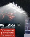 Beefed Up 300W Solar Street Light mounted on brick wall, showing IP65 waterproof and durability in rain with 8000LM flood lights.