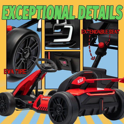 K61 Electric Go Kart For Kids 6-12 with EVA tires, adjustable seat, 24V ride on toy, 4 speed modes, 300W motor, red design details