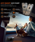 Person and dog in car with Portable Tire Inflator With App Control Three Times Faster Pump 160 PSI 48 LPM Electric Tire Pump.