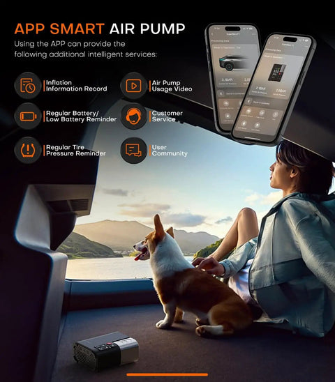 Person and dog in car with Portable Tire Inflator With App Control Three Times Faster Pump 160 PSI 48 LPM Electric Tire Pump.