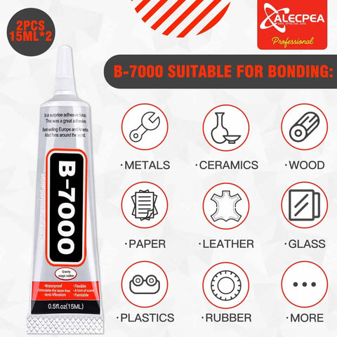 All-Purpose Craft Glue for Jewelry Making and DIY Projects, Ultra Strong, Transparent Waterproof Adhesive for Rhinestones, Fabric, Clothes, Shoes, and Phone Repairs, 2 Pack 15ml product image showing bonding suitability for metals, ceramics, wood, paper, leather, glass, plastics, rubber, and more.