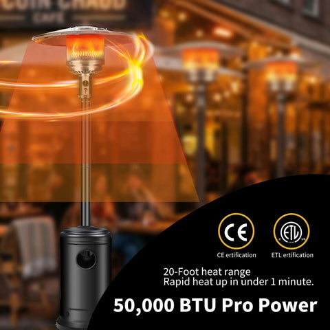 50,000 BTU Outdoor Propane Patio Heater With Wheels, Durable Powder Coated Steel, Quick Ignition And Safety Shutoff in outdoor setting