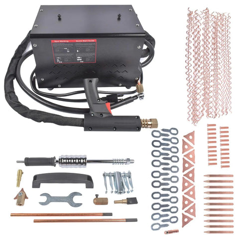 Pro Grade Dent Repair Kit With Stud Welder Puller Heavy Duty 110V 3500W Spot Welder Auto Body Tool, accessories spread out