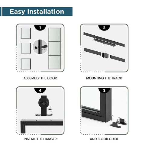 Easy installation steps for Sturdy Metal And Glass Sliding Double Barn Door With Hardware Kit 48 By 84 Inches