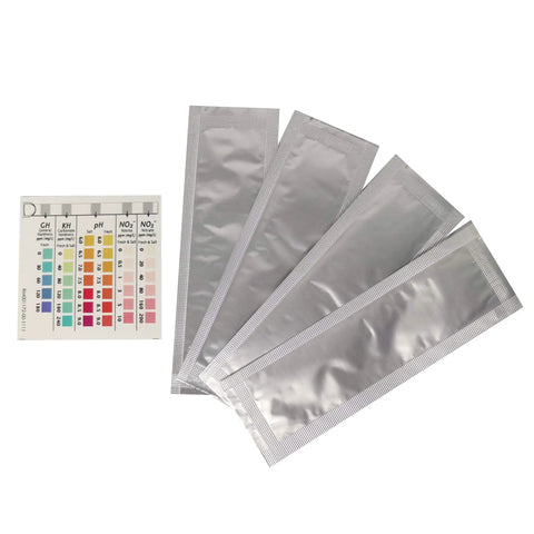 Quick Dip Five In One Aquarium Water Test Strips For Freshwater And Saltwater Tanks with color matching chart for testing.