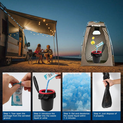 Camping scene with Portable Toilet Absorbent Gel And Urine Powder For Camping And Outdoor Use 25 Packets Odor Control process