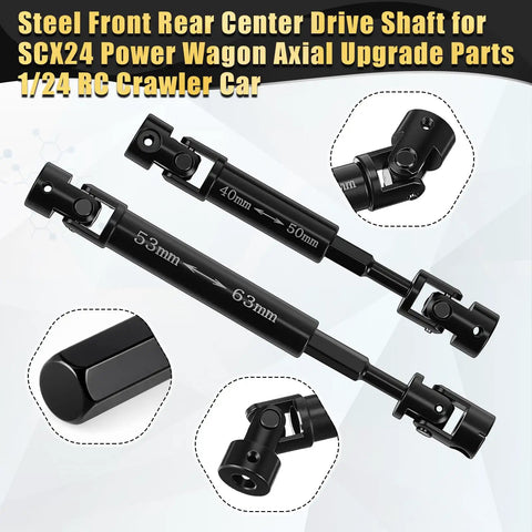 Steel drive shafts for Beefed-Up 7-In-1 RC Crawler Upgrade Kit for Axial SCX24 1/24, showing measurements and connectors.
