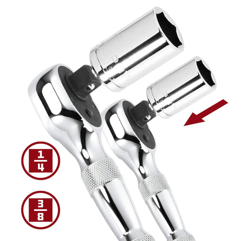 Two Piece Stubby Ratchet Set With Quarter Inch And Three Eighth Inch Drives Quick Release Reversible 72 Tooth For Tight Spaces