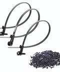 8 Inch Mountable Cable Zip Ties Kit With 200 Screws, Heavy Duty Nylon Tie Downs, close-up of black ties and screws on white background.