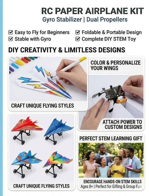 Electric RC Paper Airplane Kit With Gyro Stabilizer For Smooth Outdoor Flights, DIY Model Airplanes Launcher Construction Set