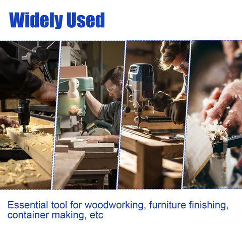 Tough As Nails Ten Inch Forstner Bit Extension Boosts Drill Depth By An Additional Eight Point Seven Five Inches For Deep Woodturning And Cabinet Work, shown in various woodworking applications.