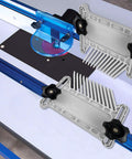Rock Solid Featherboard Tool With Dead Nuts Secure Dual Lock System: ABS dual featherboards on a router table for stability.
