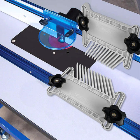 Rock Solid Featherboard Tool With Dead Nuts Secure Dual Lock System: ABS dual featherboards on a router table for stability.