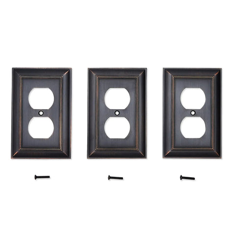 Decorative 1-Gang Duplex Wall Plate 3-Pack In Oil Rubbed Bronze Finish with screws, zinc alloy, view of all three plates