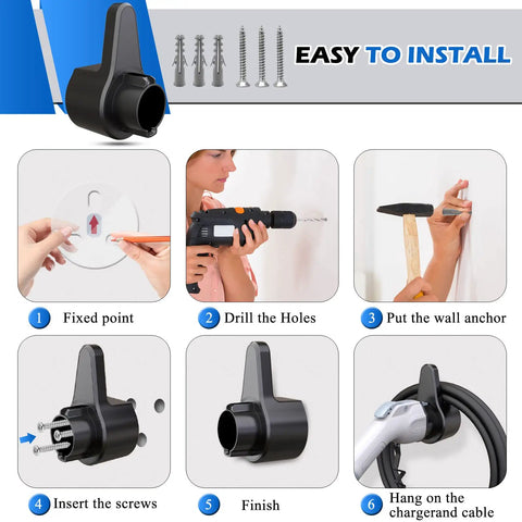 Installation guide for Super Tuff EV Charger Holder Wall Mount, showing detailed steps for mounting J1772 nozzle and cables.