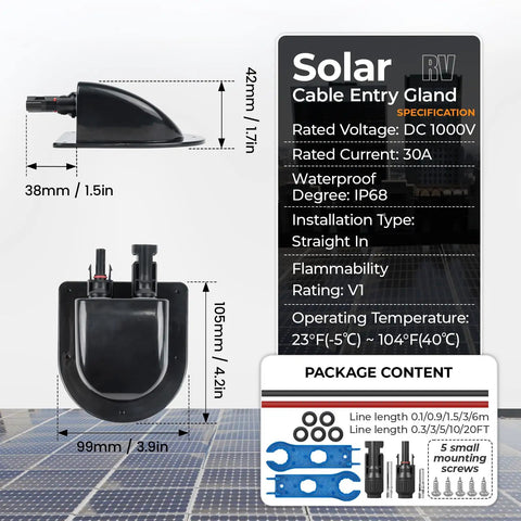 Solar Cable Entry Gland Kit With 10AWG Cable And UV Resistant Dual Entry Housing dimensions and specifications displayed