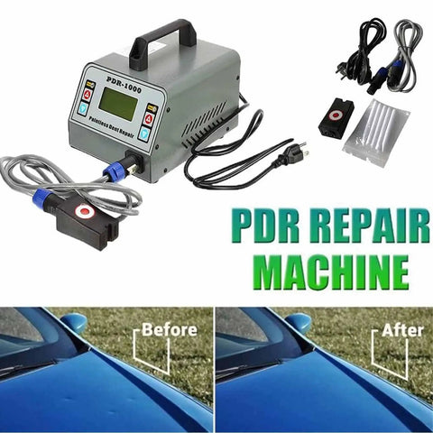 Induction Dent Repair Kit With Digital Display And 110V Power For Quick Paintless Dent Removal, Car Dent Puller, Hail Damage And Door Ding Fix displayed with components and before-after car images