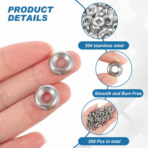 Yaocom #8 countersunk finishing washers, 304 stainless steel, silver; front close-up, 2 pcs shown