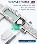 Close-up of 20 Inch Digital Caliper With 6 Inch Jaw Depth All Metal Frame Large LCD Display showing battery compartment.