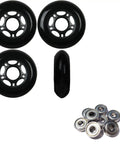 Outdoor Inline Skate Wheels 89a 72mm 4 Pack With ABEC 9 Bearings, black finish, side and top view, bearings laid out