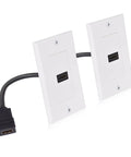Premium 4K HDMI Wall Plate Two Pack One Port Socket Plug And Play For Home Theater And Gaming With High Speed Video Transmission And 18 Gbps Bandwidth For Rock Solid Audio Pass Through In Classic White showing dual outlets with pigtail cable.
