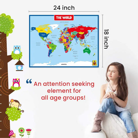 Child sitting next to colorful world map poster on a wall, designed for educational use. World Map Laminated Poster With Dry Erase