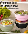 Hella Solid 32 Oz Double Wall Vacuum Insulated Stainless Steel Bowl With Tight Seal Silicone Lid Keeps Your Chow Ice Cold For Up To Twelve Hours All Day Long, featuring four colorful bowls in refrigerator.