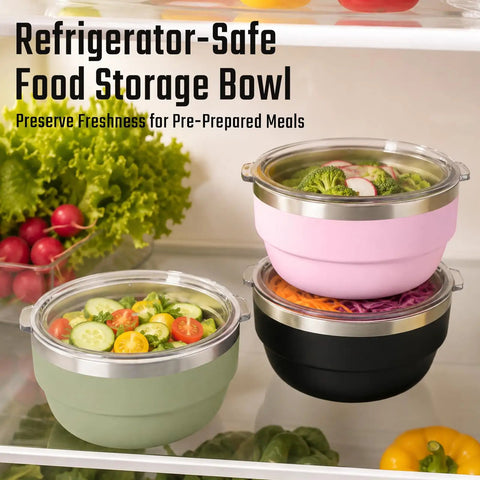 Hella Solid 32 Oz Double Wall Vacuum Insulated Stainless Steel Bowl With Tight Seal Silicone Lid Keeps Your Chow Ice Cold For Up To Twelve Hours All Day Long, featuring four colorful bowls in refrigerator.