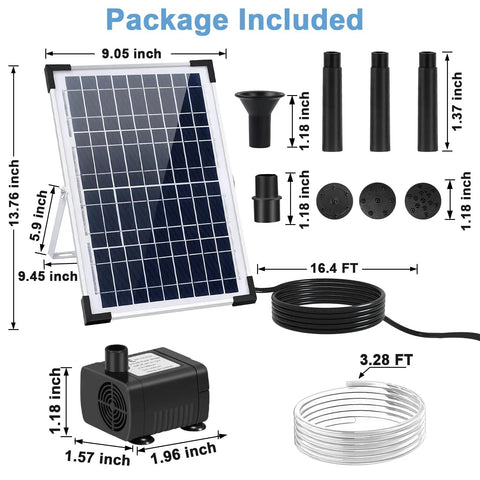 Package contents of 12W Solar Fountain Pump With 3 Spray Nozzles Energy Saving Solar Powered Water Pump for ponds and garden features