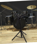 Adjustable Alloy Practice Drum Rack With 12 Inch Foldable Black Stand Totally Portable tight setup in a home studio.