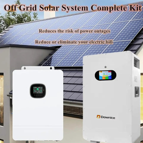 Keep The Lights On All Night With This Heavy Duty 48V Off Grid Solar System Kit Featuring 5Kwh LifePo4 Storage A Rock Solid 10Kw Inverter And Ten 550W Panels Built Tough For Daily Use. Image showing solar panels on roof and solar system kit.
