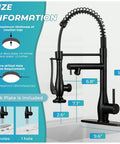 RNDIOZD Kitchen Faucet with Pull Down Sprayer, 2-Spout, Matte Black size information and dimensions on display.