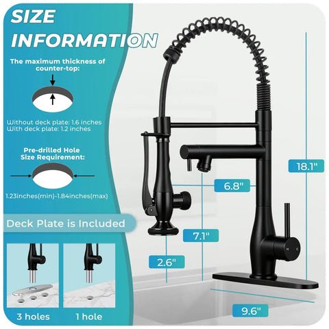 RNDIOZD Kitchen Faucet with Pull Down Sprayer, 2-Spout, Matte Black size information and dimensions on display.