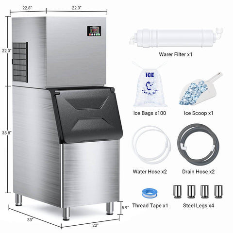 600 Lbs Per Day Commercial Ice Maker With 420 Lbs Capacity Quick Five To Fifteen Minute Ice, includes accessories shown