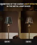 Barrel Metal Lampshade With Trees Pattern, Spider Fitter, Fits Table Or Floor Lamps, 6 Inch Top Diameter, light on and off display