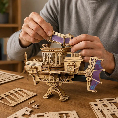 Hands assembling Fun 3D Wooden Airship Puzzle Kit for Teens and Adults, Pine Wood Mechanical Flying Ship Build on table.