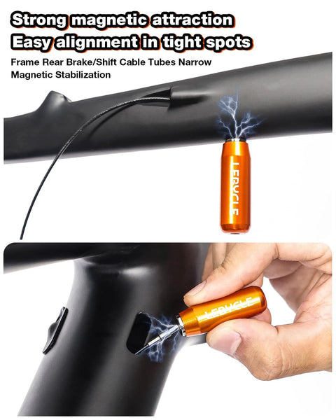 LEBYCLE orange magnetic cable guide tool for internal routing of brake and shift cables in a bike frame