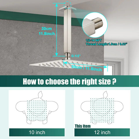 Diagram showcasing dimensions of Brushed Nickel 12 Inch Square Rain Shower System With 2 In 1 Handheld Sprayer Ceiling Mount Rough In Valve.