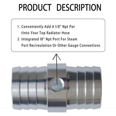 1-1/4 Inch Radiator Hose Barb Coupler With 1/8 Inch NPT Steam Port for LS Swap Cooling System, aluminum view