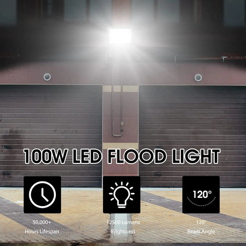 Three Pack 100W LED Flood Lights IP66 Waterproof Outdoor Security Lights 11500 Lumens 5000K Daylight White For Yard Garden Patio Playground Basketball Court All Weather Durable Aluminum Housing