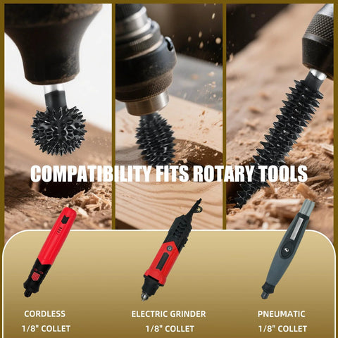 CAELUM 3-piece rotary burr set with 1/8 inch shank; cordless, electric, and pneumatic tools shown
