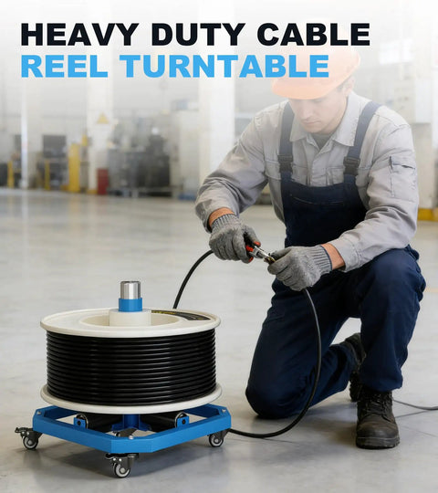 Worker using Heavy Duty Cable Reel Turntable That Handles Up To 1000 Lbs And Fits 36 Inch Reels Portable Wire Spool Rack