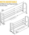 Adjustable 15 To 25 Inch Towel Rack With Shelf For Bathroom And Lavatory Double Towel Bar Rod Four Hooks Wall Mount Multifunction Towel Holder Hotel Style Stainless Steel Polished Chrome, showing length adjustment and hooks.