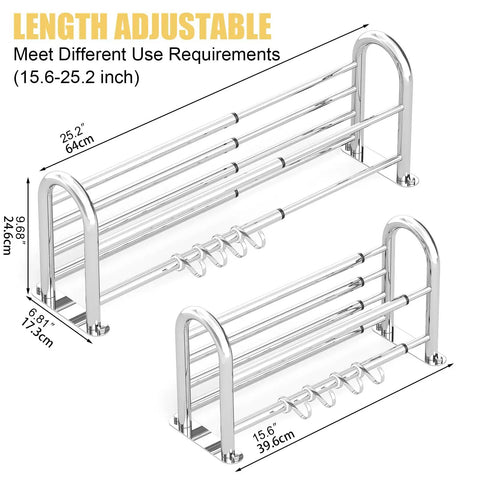 Adjustable 15 To 25 Inch Towel Rack With Shelf For Bathroom And Lavatory Double Towel Bar Rod Four Hooks Wall Mount Multifunction Towel Holder Hotel Style Stainless Steel Polished Chrome, showing length adjustment and hooks.