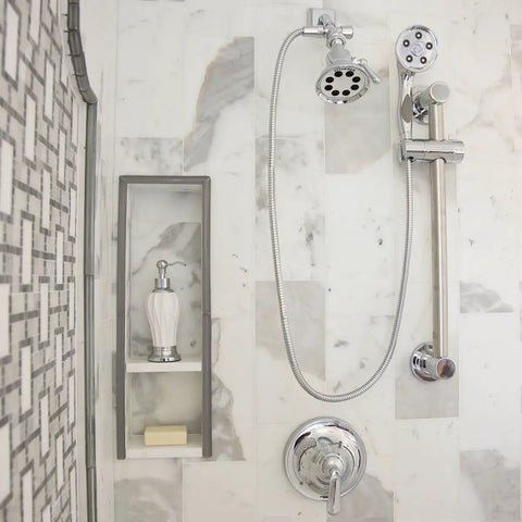 ADA Compliant Shower Slide Bar And Grab Bar For Convenience And Style In Bathroom Decor, 24 Inch Total Length, Adjustable Height Handheld Shower Holder, Supports Up To 250 Lb, Polished Chrome in shower setup